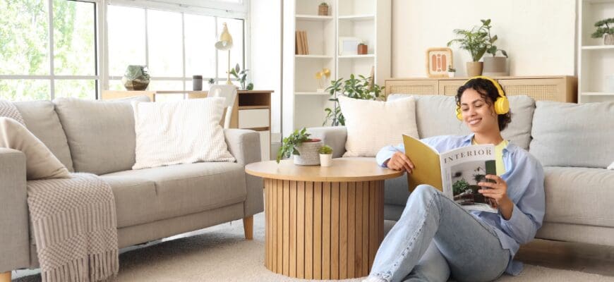 A woman sitting in a bright living room reading a magazine